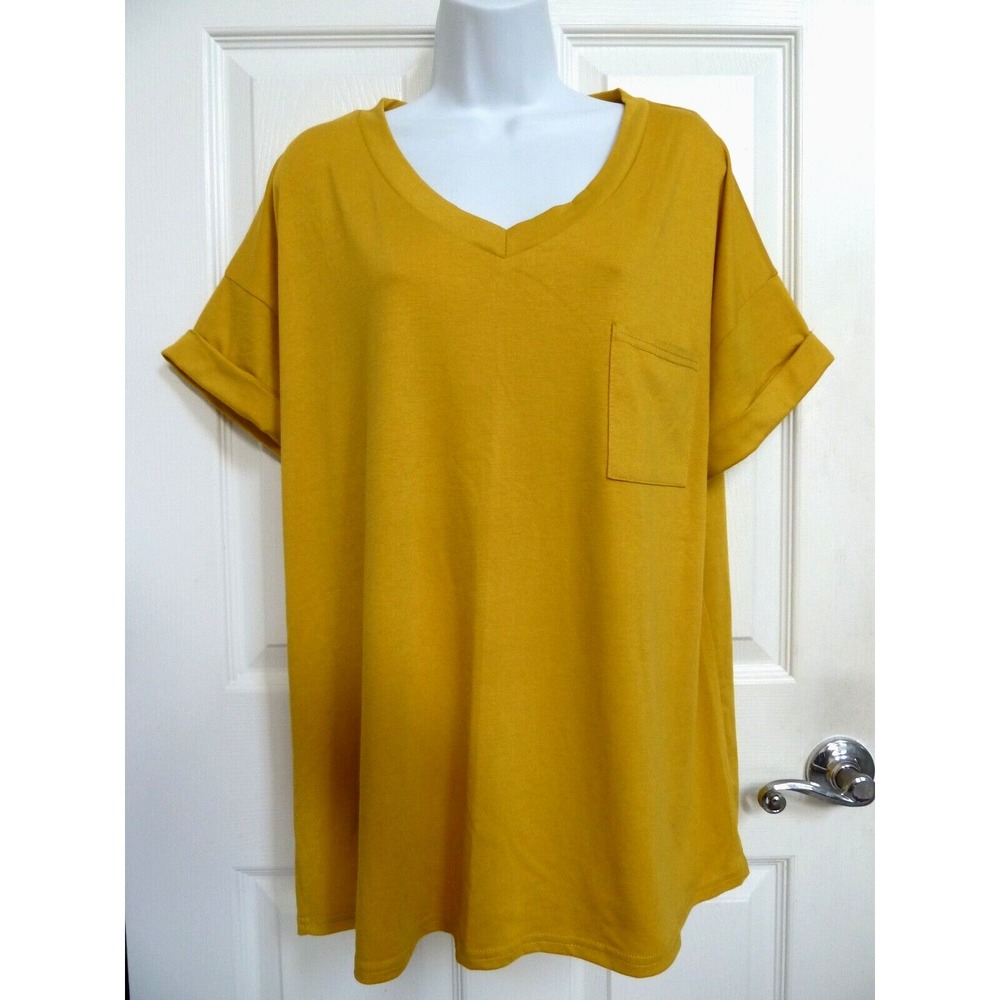 Miholl Plus XXL Short Cuffed Sleeve V-Neck Top Mustard Yellow Tunic Shirt